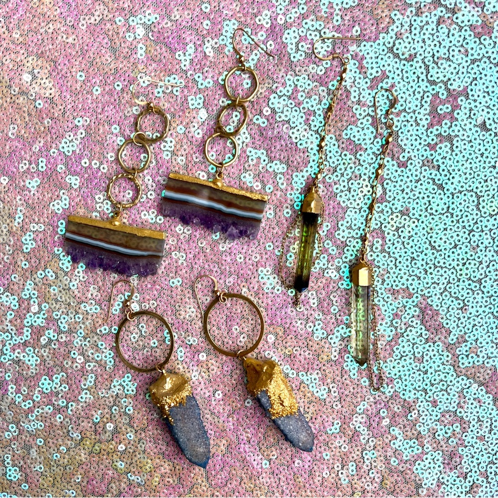 Lot of 3 Crystal Geode Stone Dangle Earrings - Picture 4 of 9